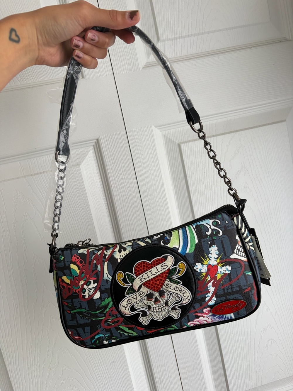 Ed Hardy Black Multi-Color Skull Patch Shoulder Bag
